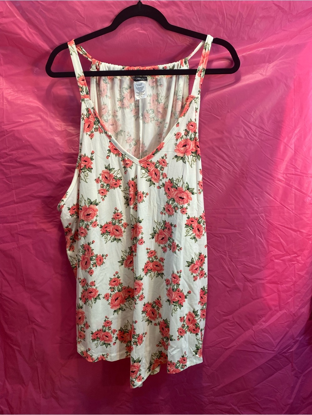 Floral V-Neck Tank Top - White with Coral Pink Roses